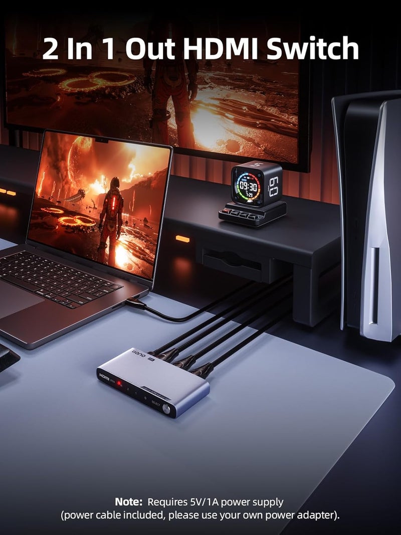 llano مفتاح HDMI 2.1 2 في 1 خارج، 8K@60Hz مع جهاز تحكم عن بعد، 4K@120Hz/240Hz، VRR، HDR10+، Dolby Atmos، CEC، 48Gbps، مفتاح HDMI لجهاز PS5، Xbox، Switch، Roku، Fire Stick، Apple TV، هيكل من سبائك الألمنيوم - Image 2